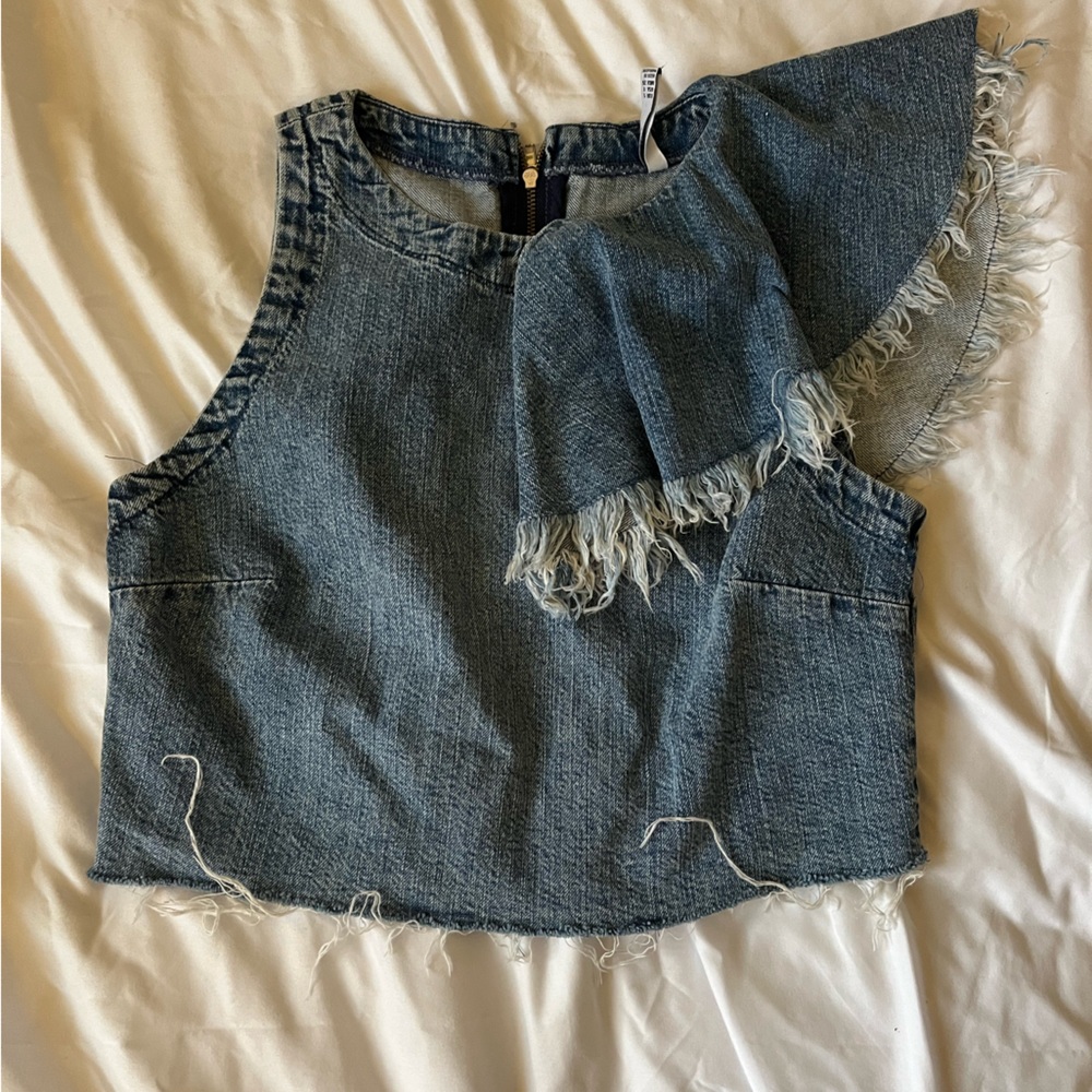 Zara Denim Ruffle Sleeve Crop Top